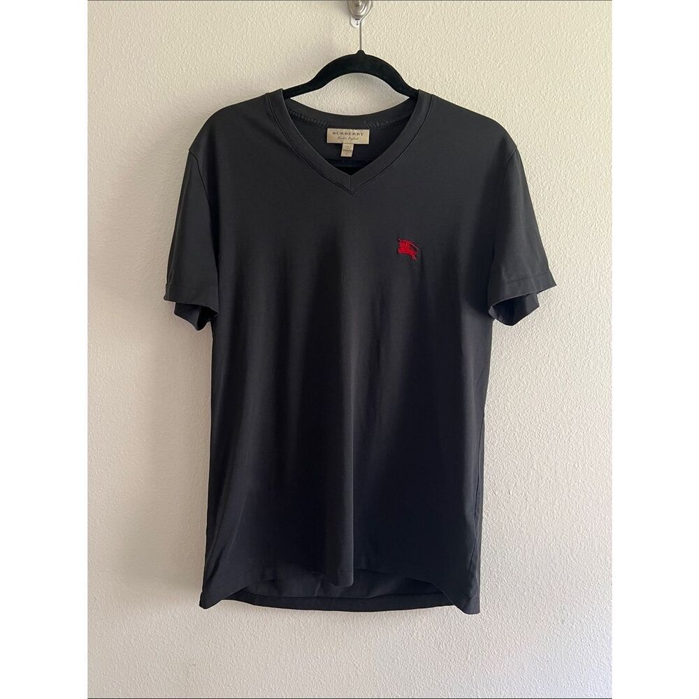 Burberry London England Black V Neck Logo Tee Shirt Medium
